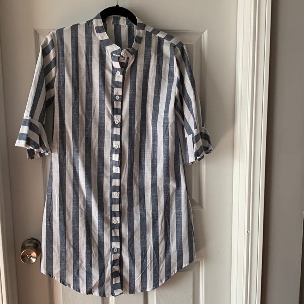 Pretty blue and white striped shirt dress- really cute.New and never worn.